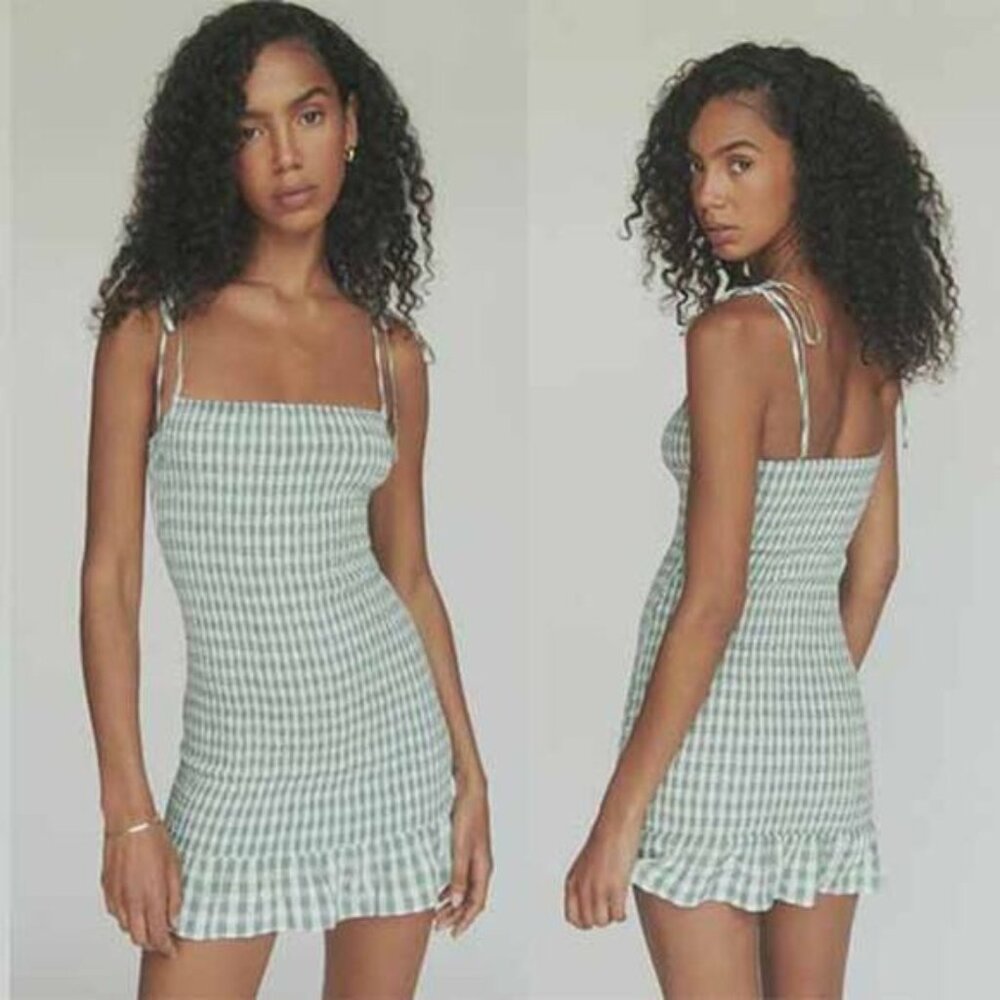 NWT Reformation Gemini Check Tie Strap Ruffle Hem Smocked Mini Dress Green